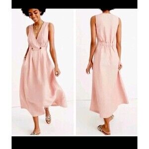 Madewell Linen Blend Button-Waist Wrap Midi Dress Sleeveless Pink Size 4